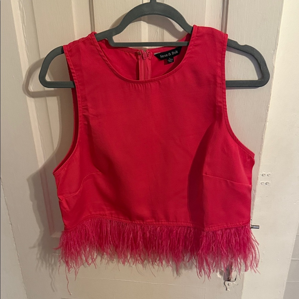 Pink Feather Trim Crop Top